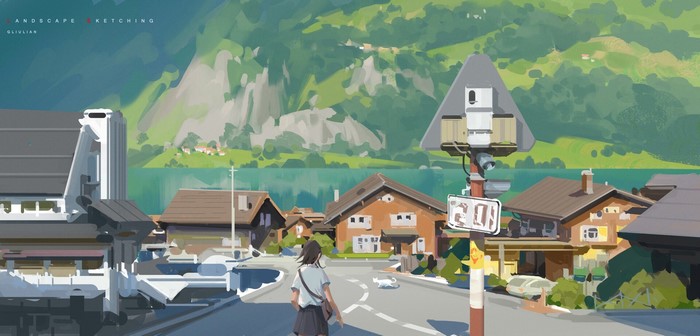 Artwork of a village by a lake with mountains