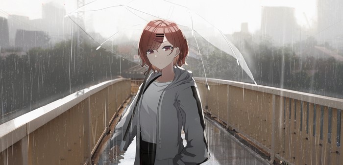 Anime girl with umbrella in the rain
