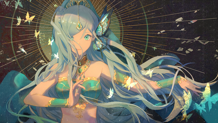 Anime girl with long blue hair and butterflies