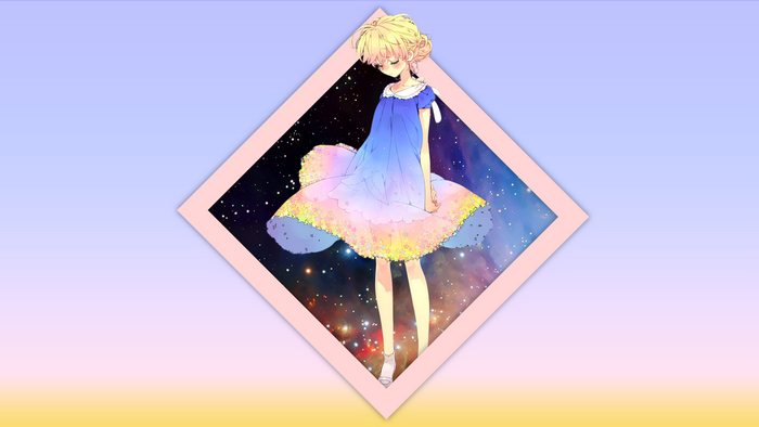 Anime girl with blonde hair in a blue and pink dress against a galaxy background