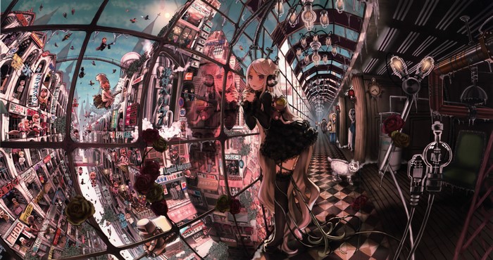 Anime girl in gothic lolita dress in steampunk city