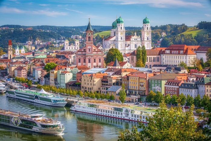 Passau cityscape with river and cruise ships