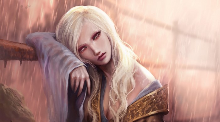Artwork of a blonde fantasy girl in the rain