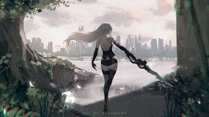 A2 from Nier: Automata with sword in front of city