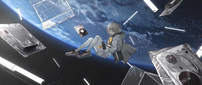 Anime girl floating in space with Earth in background