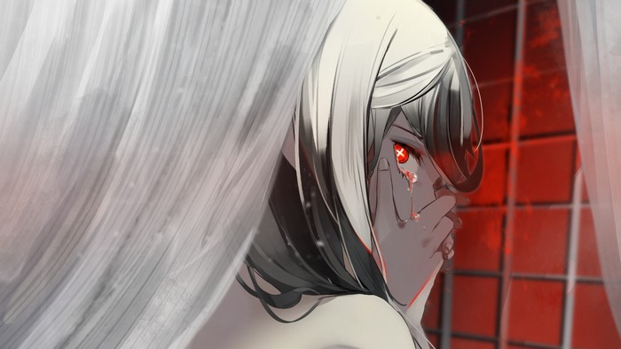 Anime girl with red eyes crying