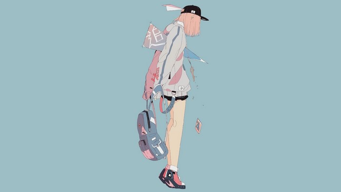 Anime girl with pink short hair and a backpack