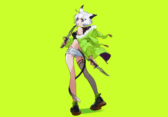 Anime cat girl with knives and green jacket