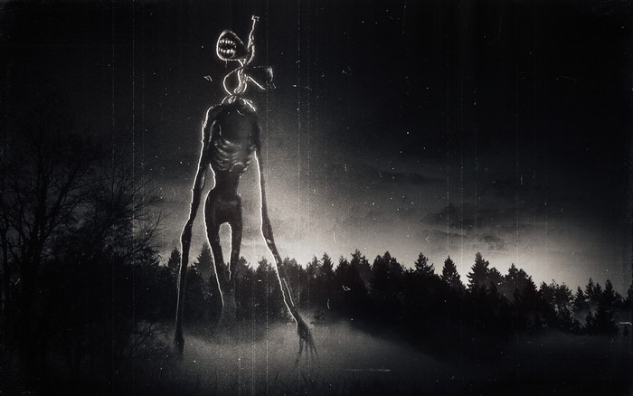 Siren Head in a dark, foggy forest at night
