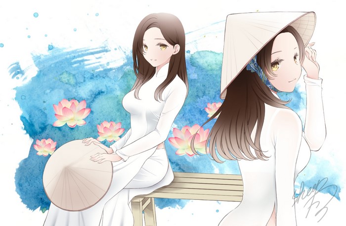 Anime Girls in Traditional Vietnamese Dresses with Lotuses