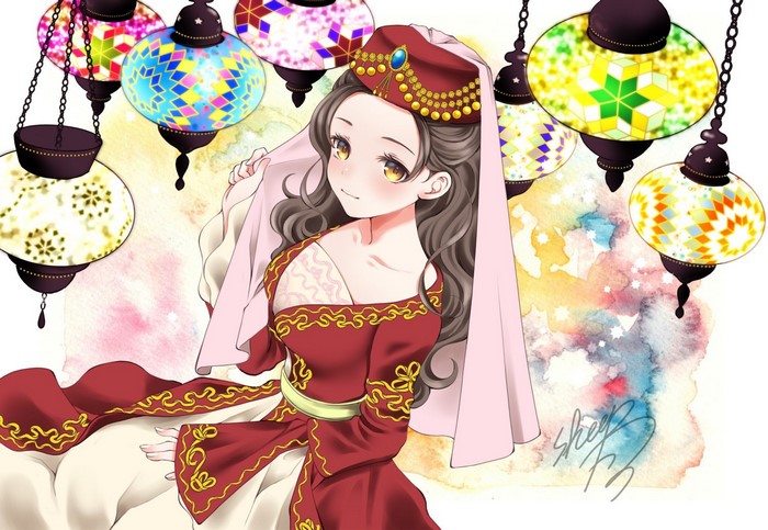 Anime girl in traditional dress with Turkish lamps