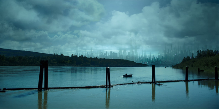 Futuristic Cityscape Overlooking a River with a Boat