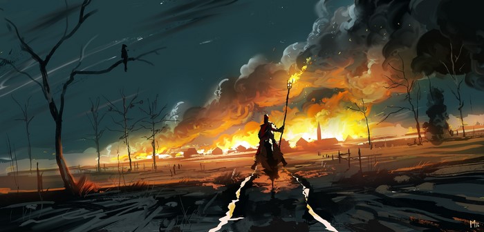 A knight on horseback with a torch in a burning village
