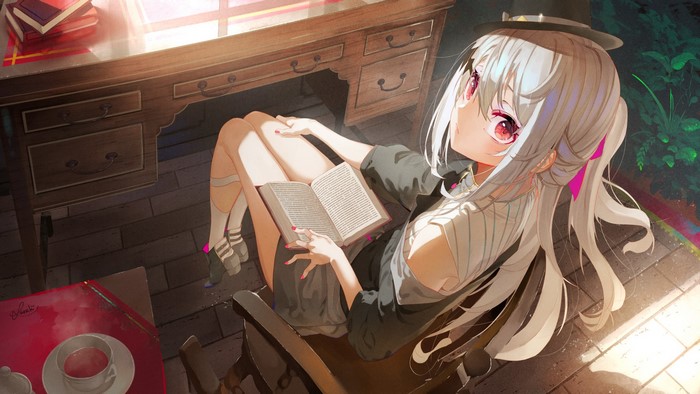 Anime girl with silver hair reading a book