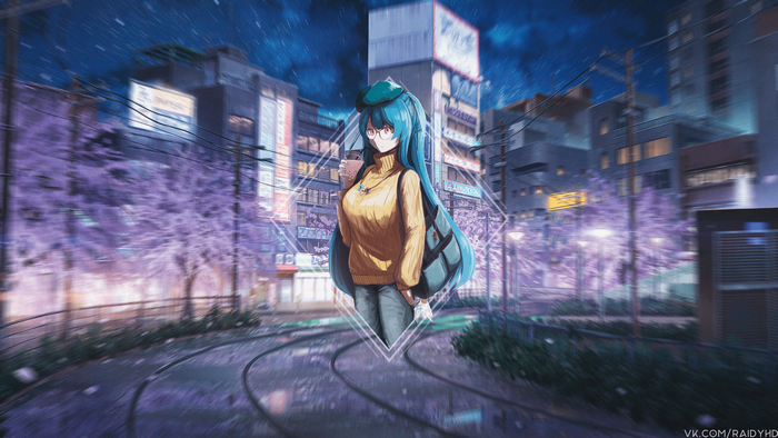 Anime girl with blue hair in a city at night
