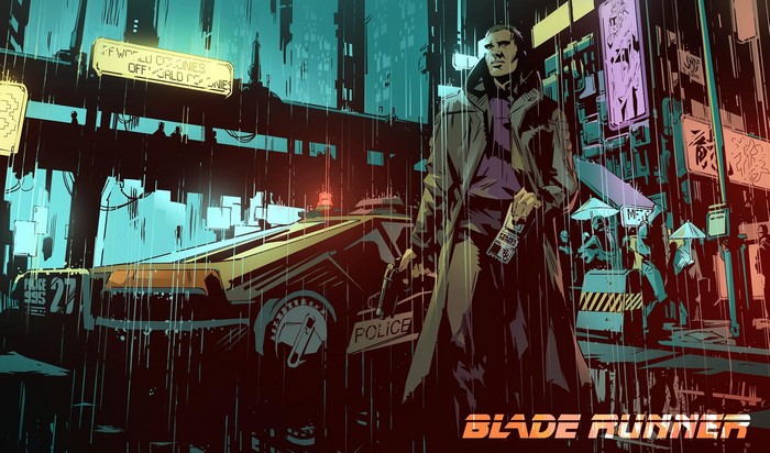 Rick Deckard from Blade Runner in a rainy city