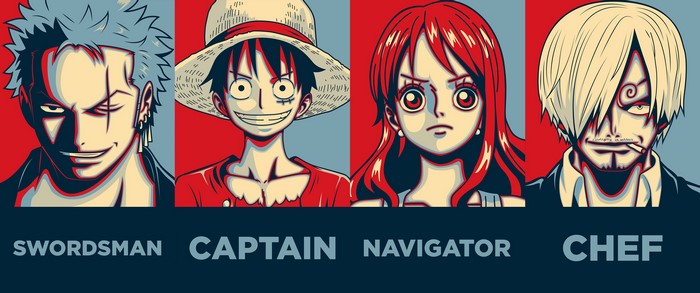 One Piece characters: Zoro, Luffy, Nami, and Sanji