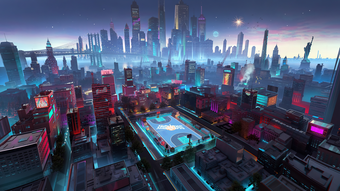 Fantasy cityscape with basketball court and Statue of Liberty