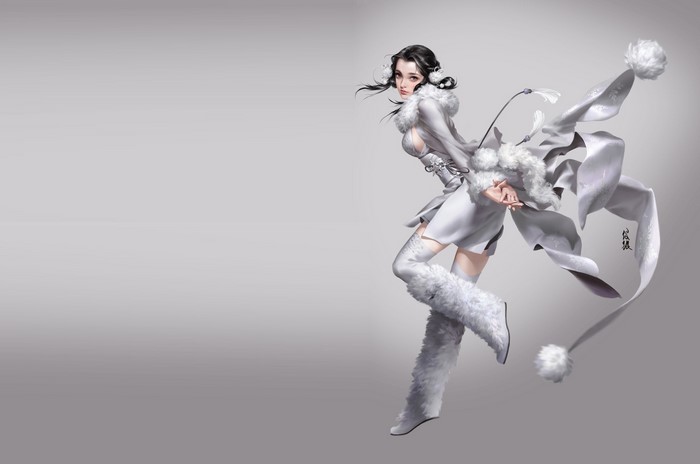 Anime girl in white winter outfit with fur trim