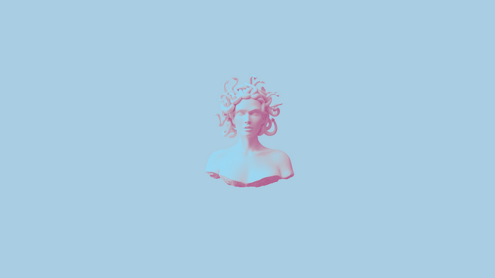 Medusa bust with snakes for hair, vaporwave style