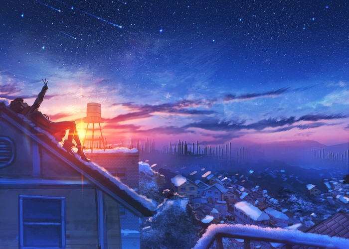 Anime girl on a snowy rooftop watching a meteor shower at sunset