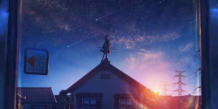 Anime girl on rooftop with shooting stars