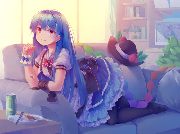 Hinanawi Tenshi from Touhou lying on a couch