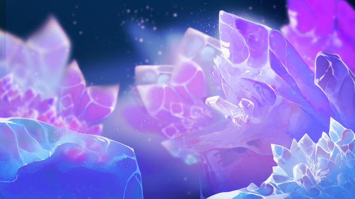 Purple and blue crystals with glowing particles