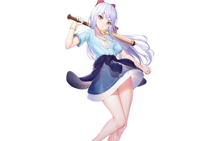 Anime girl with blue hair and baseball bat