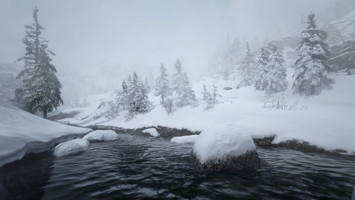 Winter landscape with river and snow-covered trees in Red Dead Redemption 2