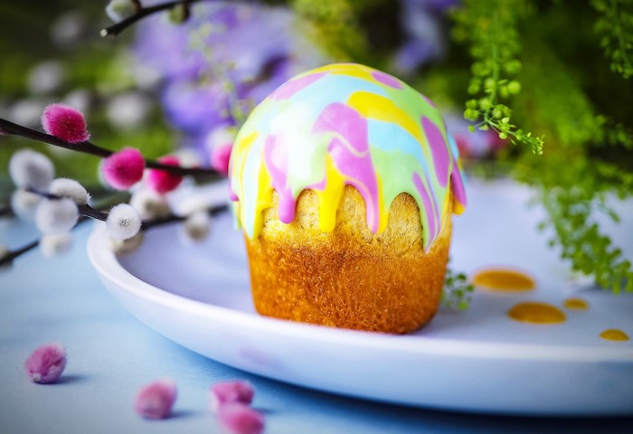 Colorful Easter cake with frosting and pussy willow branches