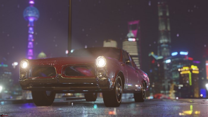 Red Pontiac GTO on a wet city street at night