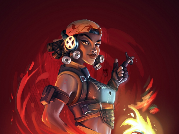 Raze from Valorant with fire effects