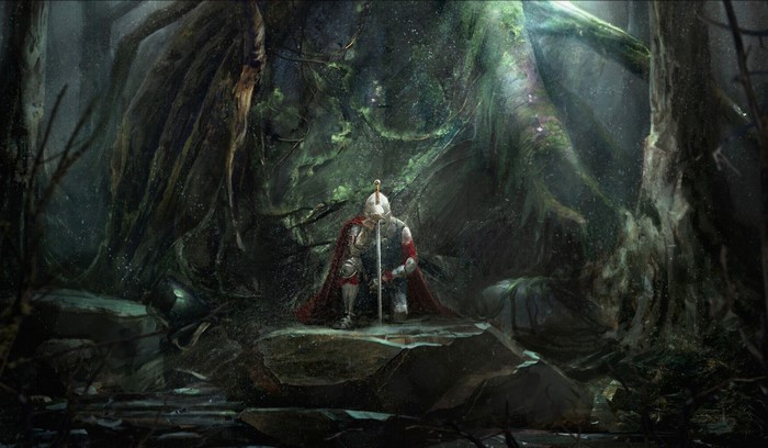 Knight kneeling in a dark forest with large trees