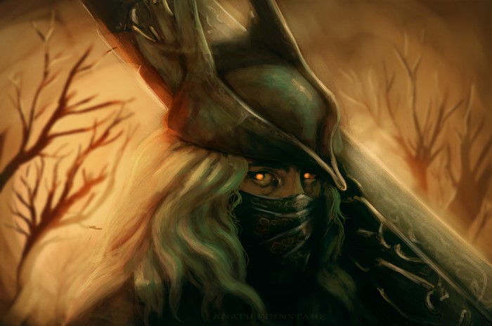 Hunter from Bloodborne with glowing eyes
