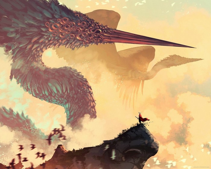 Giant feathered creatures in the sky above a person