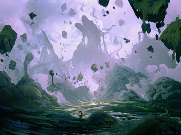 Fantasy landscape with floating islands and a lone traveler
