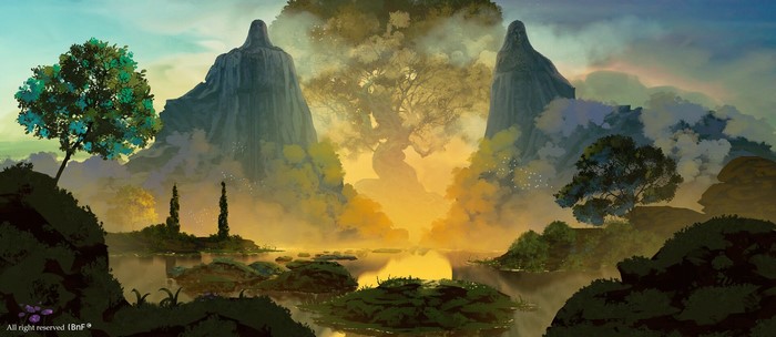 Fantasy landscape with mountains, trees, and a lake