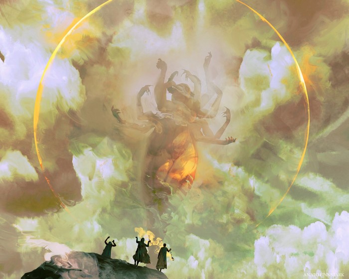 Multilimbed creature in a golden shield with onlookers