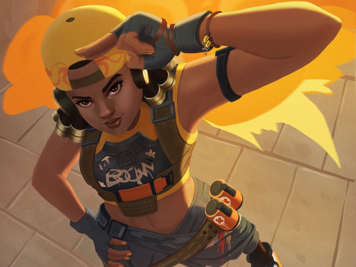 Raze from Valorant with orange hair and yellow cap