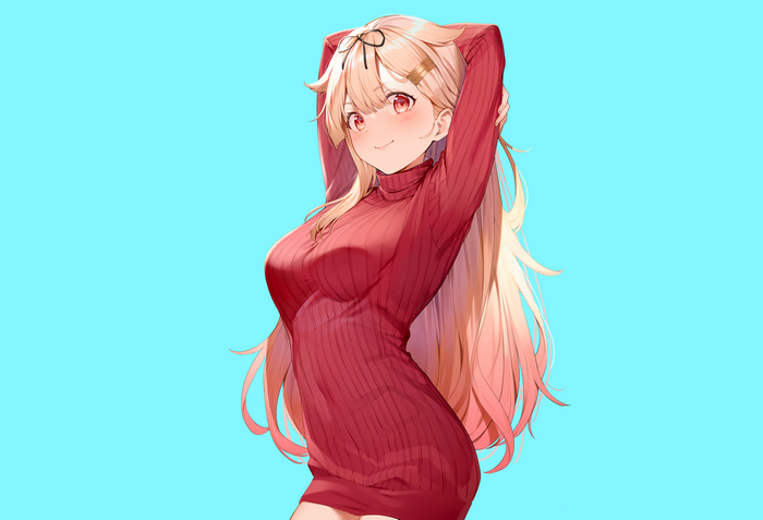 Anime girl with blonde hair and red eyes wearing a red sweater