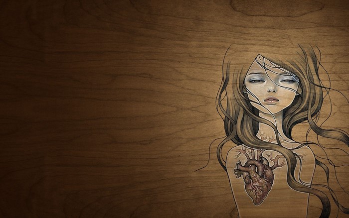 Illustration of a woman with a heart on wood block