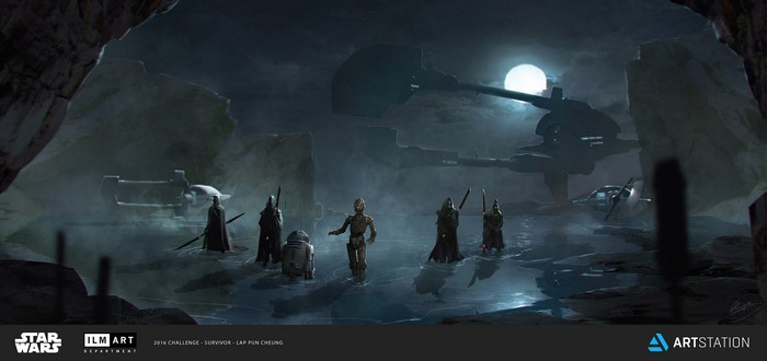 Star Wars characters in a swampy landscape with a spaceship