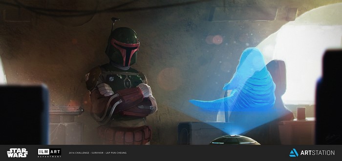 Boba Fett from Star Wars receiving a holographic message