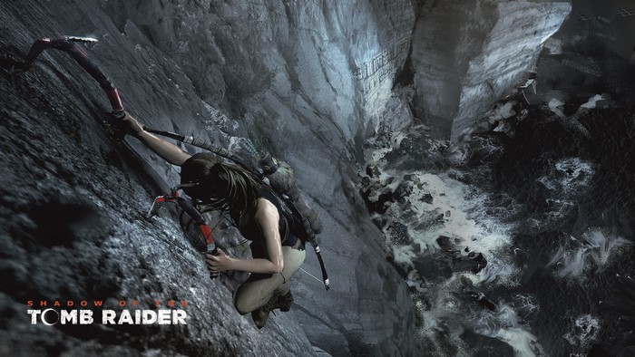 Lara Croft from Shadow of the Tomb Raider climbing a cliff