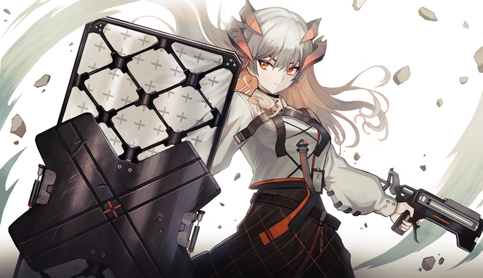 Saria from Arknights with shield and gun