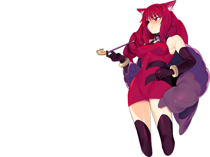 Anime girl with red hair and fox ears holding a pipe