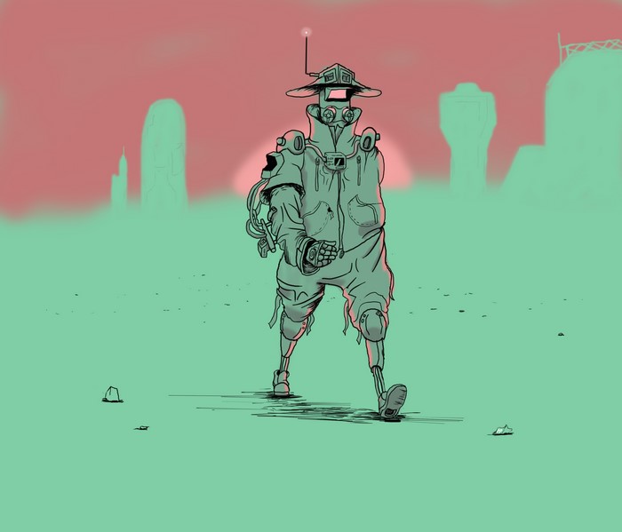 Futuristic character in a toxic, hazy environment at sunset