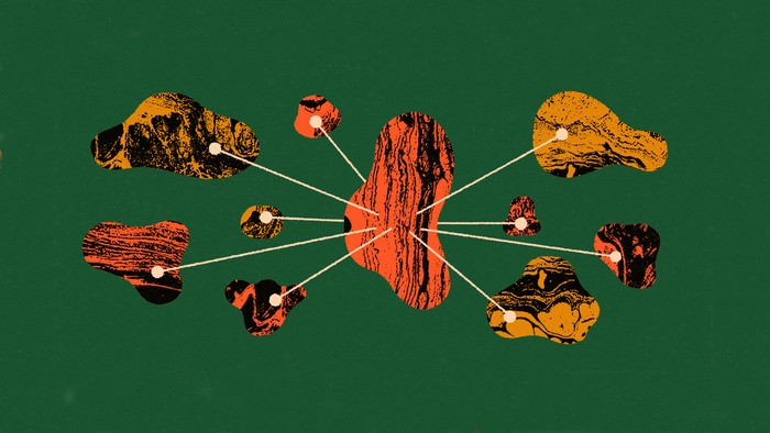 Abstract shapes connected by lines on green background