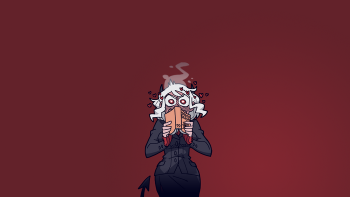 Modeus from Helltaker holding a book